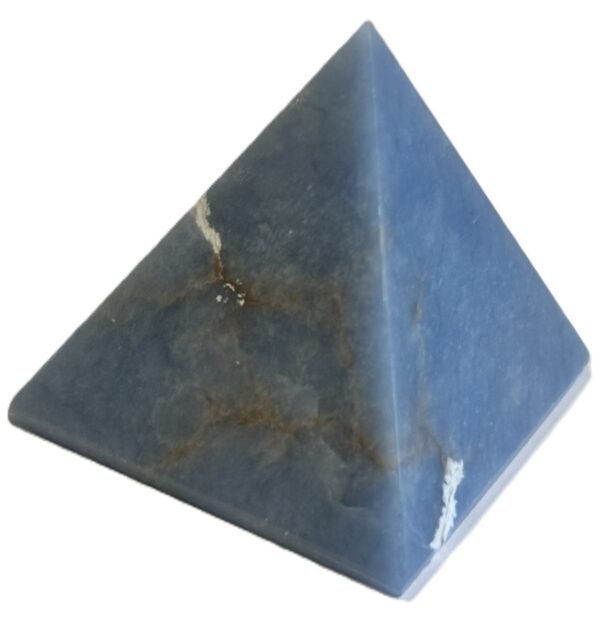 Polished natural angelite crystal pyramid 1 sians emporium Polished blue angelite four sided pyramid showing natural white veining and earthy inclusions on a white background